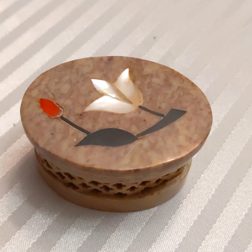 Hand carved Jerusalem stone vintage trinket box